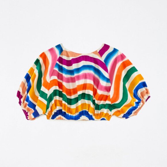 Farm Rio Tops - Farm Rio Dancing Stripes Puff Sleeve Crop Top EUC